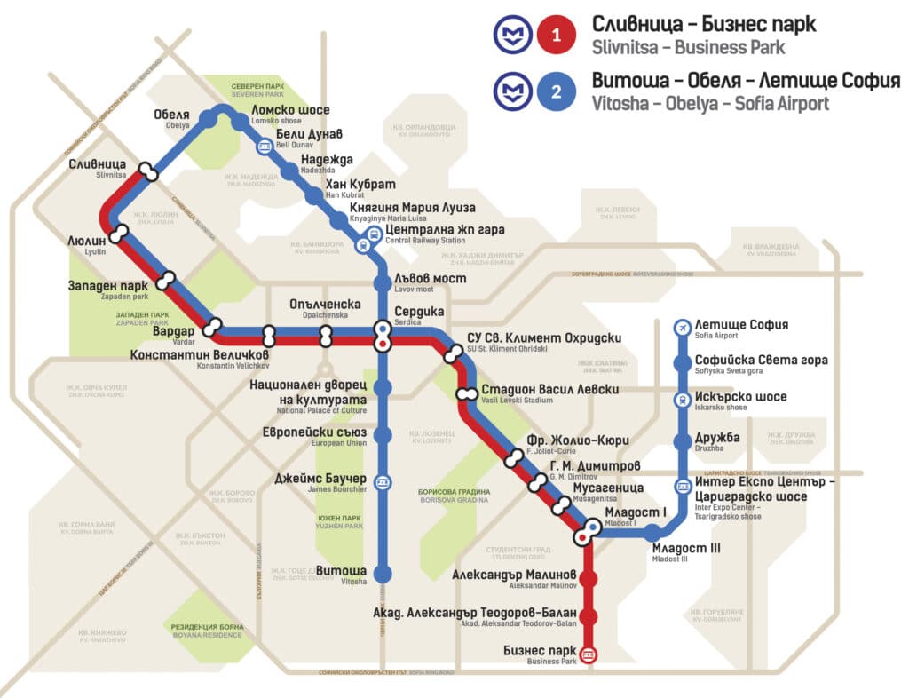 Mapa de las líneas del metro de Sofía, Fuente: Metropolitain Sofia